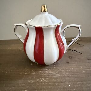 Grace Teaware Red and White Scallop Fine Porcelain Sugar Bowl Gold Trim